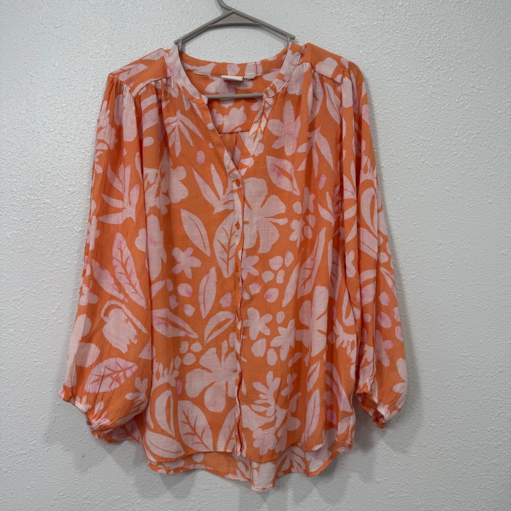 Zac & Rachel Orange Pink Floral Tropical Button Up Blouse XL